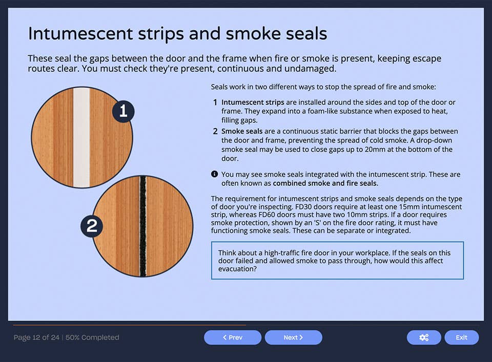 Course screenshot showing intumescent strips and smoke seals