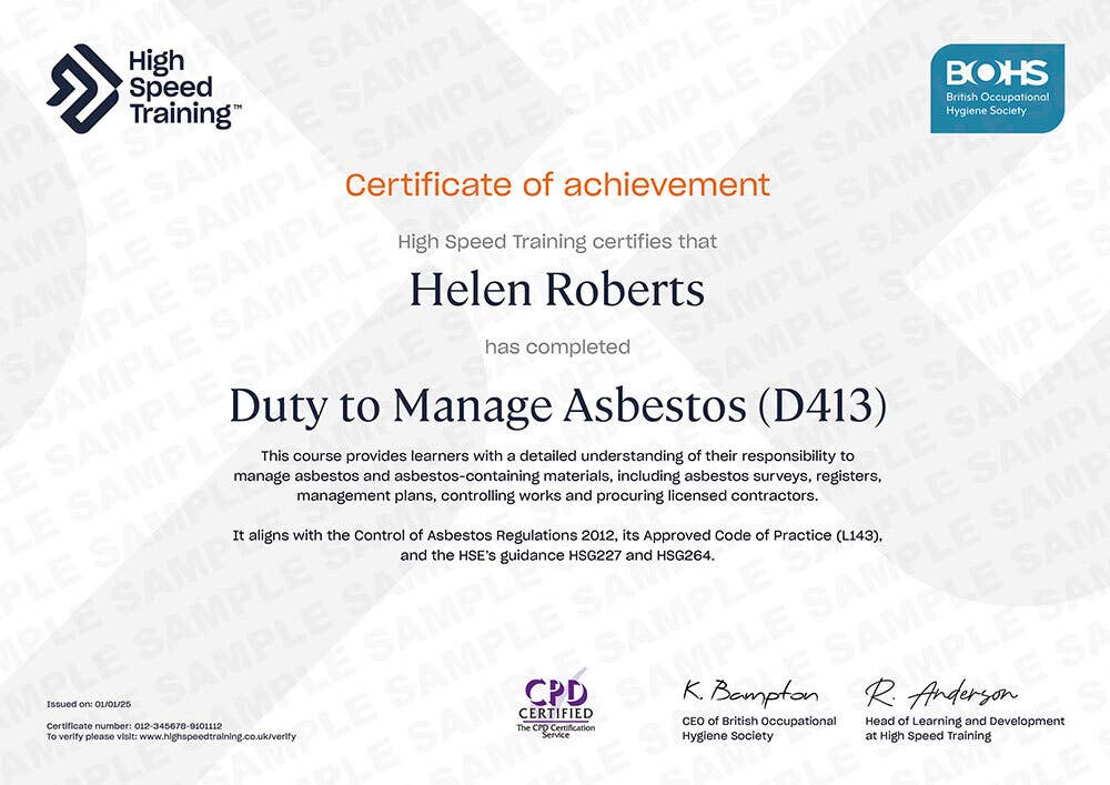 Sample Duty to Manage Asbestos (D413) Certificate