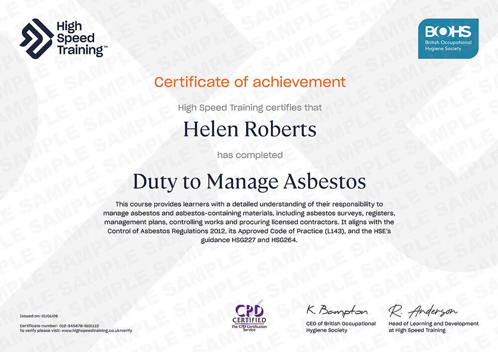 Sample Duty to Manage Asbestos Certificate