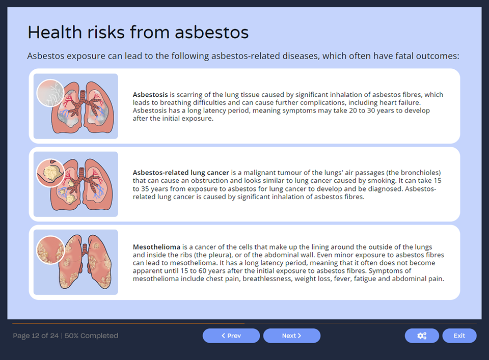 Course screenshot showing the health risks from asbestos