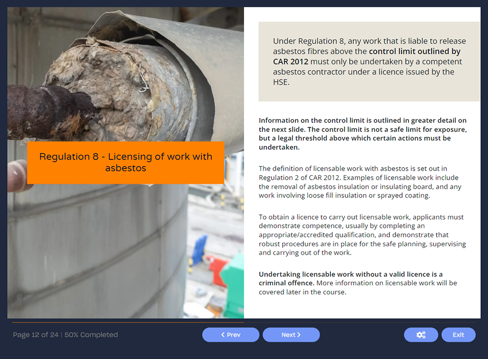 Course screenshot showing the licensing of work with asbestos