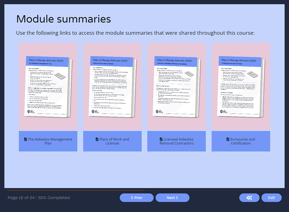 Course screenshot showing the downloadable module summaries