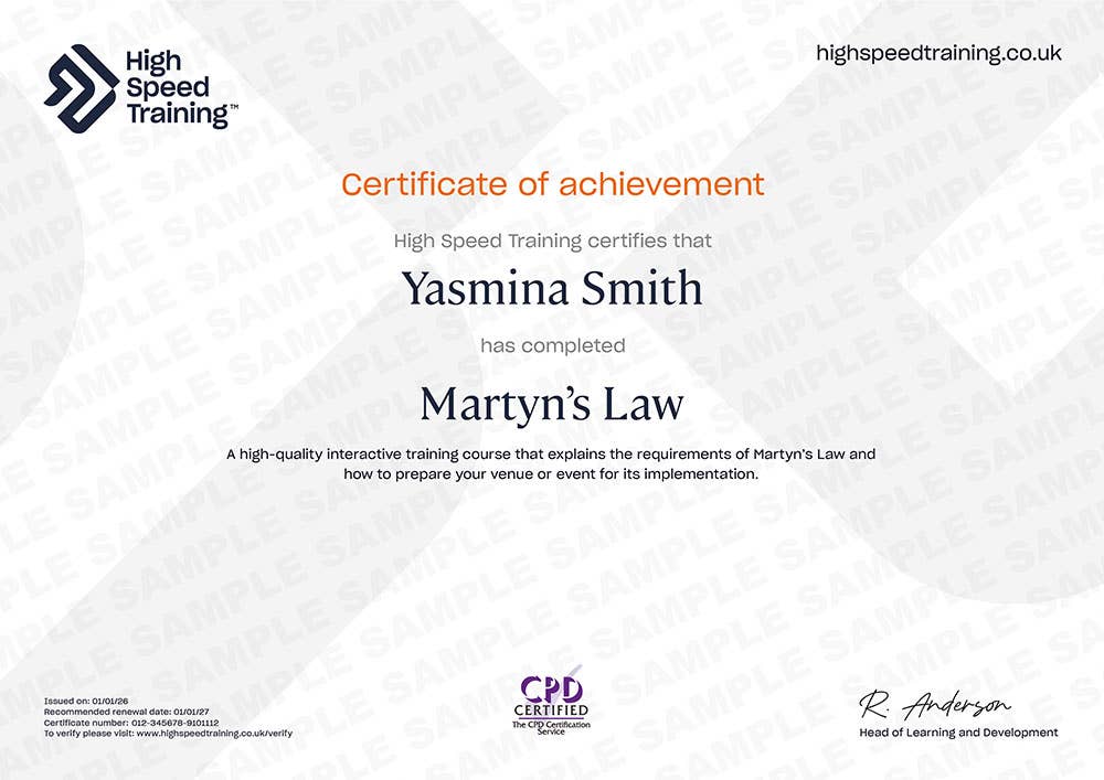 Sample Martyn's Law Certificate