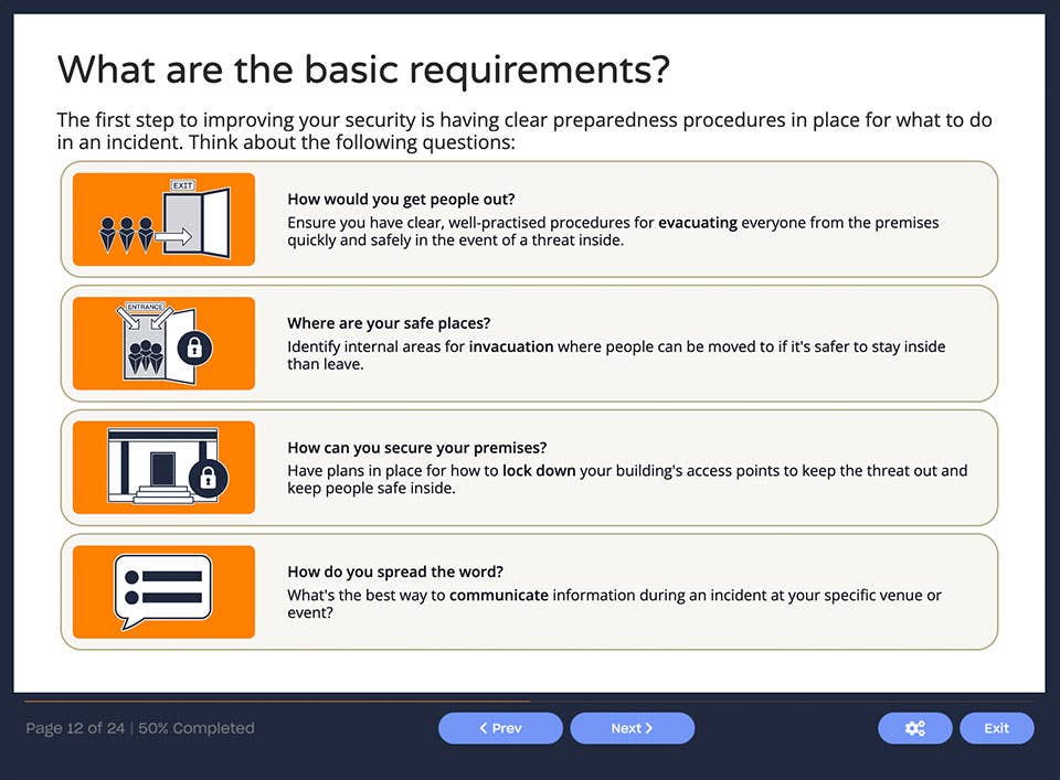Course screenshot that describes the basic requirements of Martyn's Law