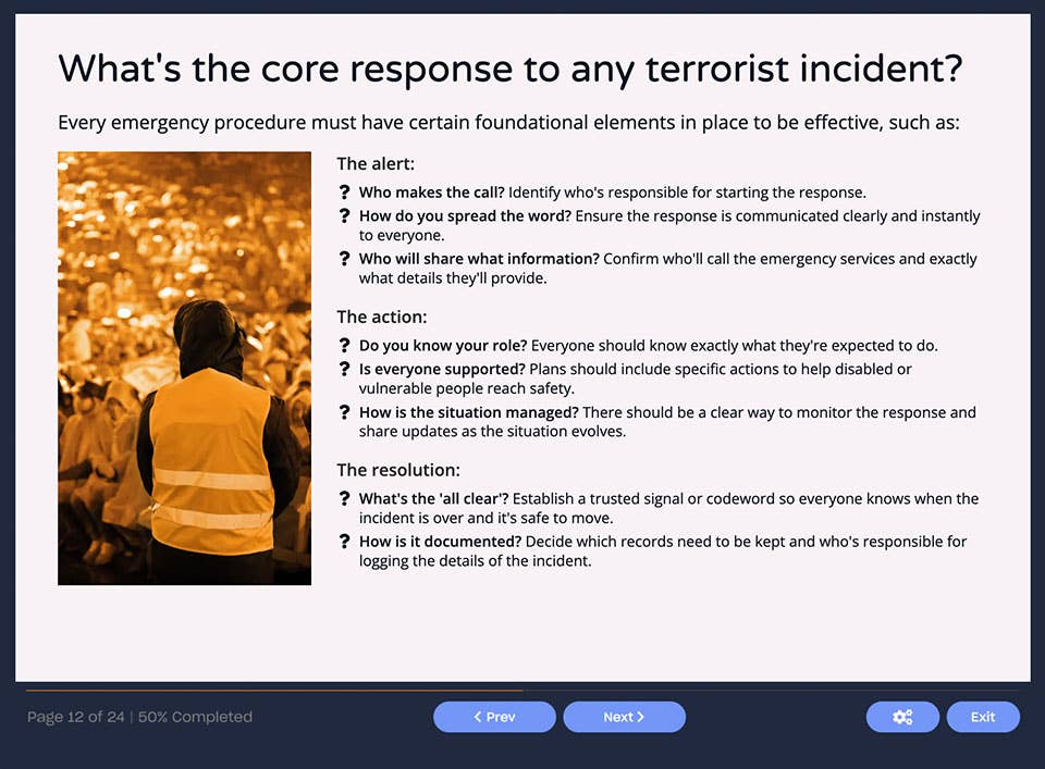 Course screenshot showing the core response to any terrorist incident
