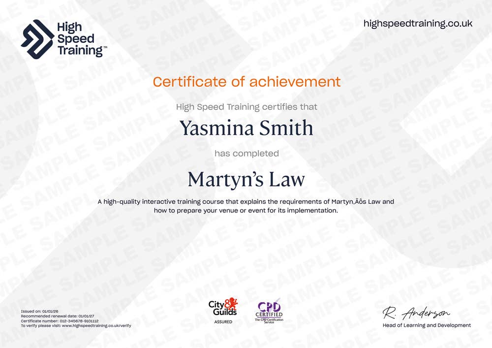 Sample Martyn's Law Certificate
