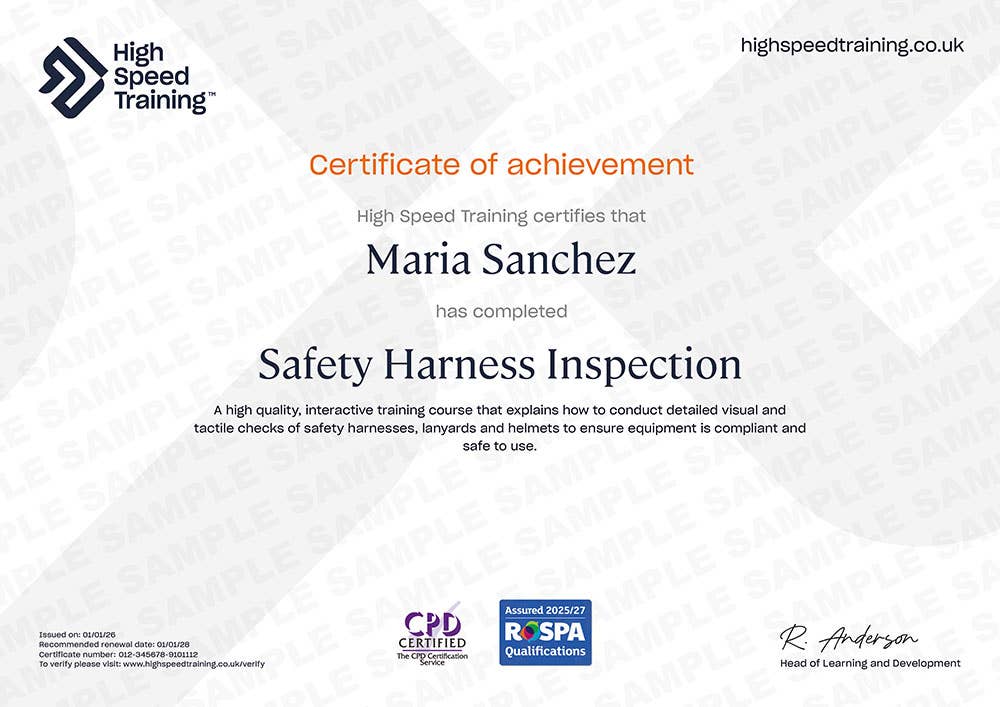 Sample Safety Harness Inspection Certificate