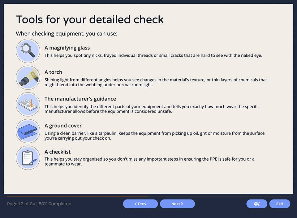 Course screenshot showing the tools needed for your detailed check