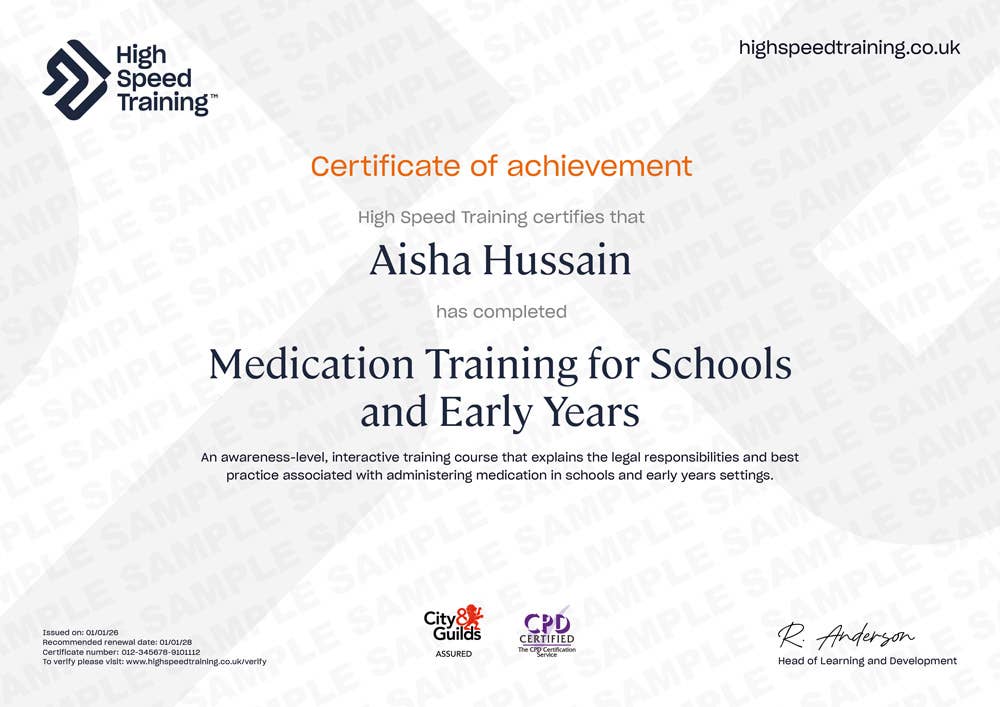 Sample Medication Training for Schools and Early Years certificate