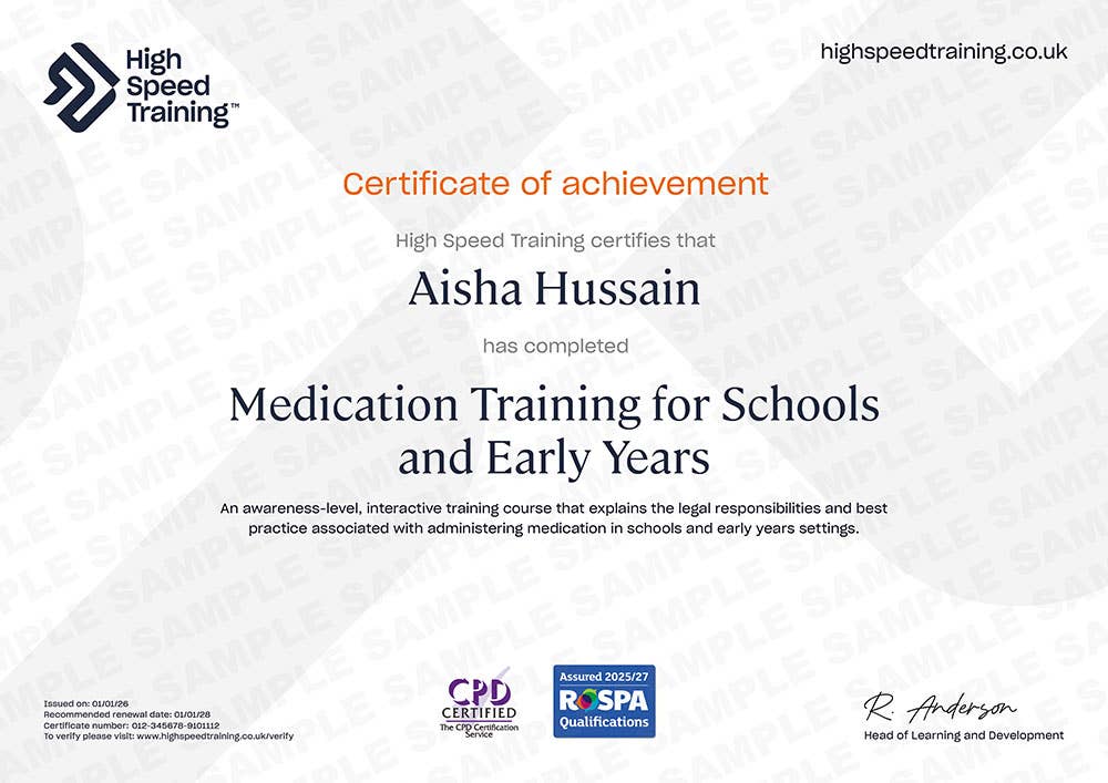 Sample Medication Training for Schools and Early Years certificate