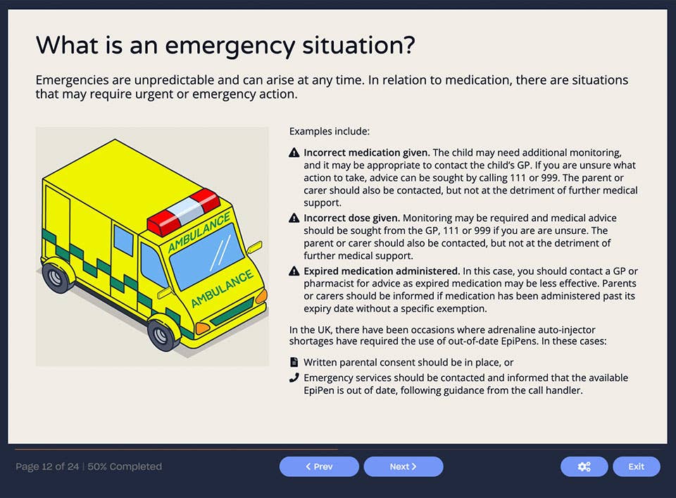 Course screenshot explaining what an emergency situation looks like
