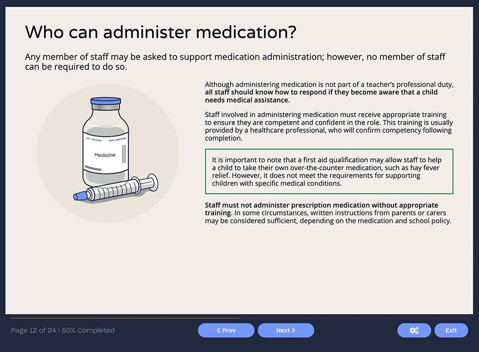 Course screenshot explaining who can administer medication