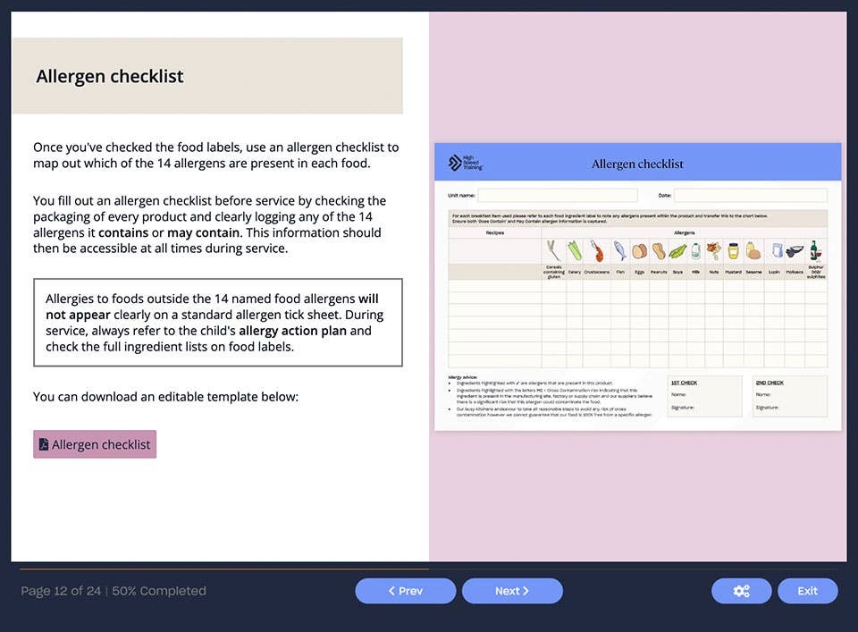 Course screenshot showing a downloadable allergen checklist