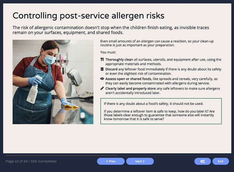 Course screenshot around controlling post-service allergen risks