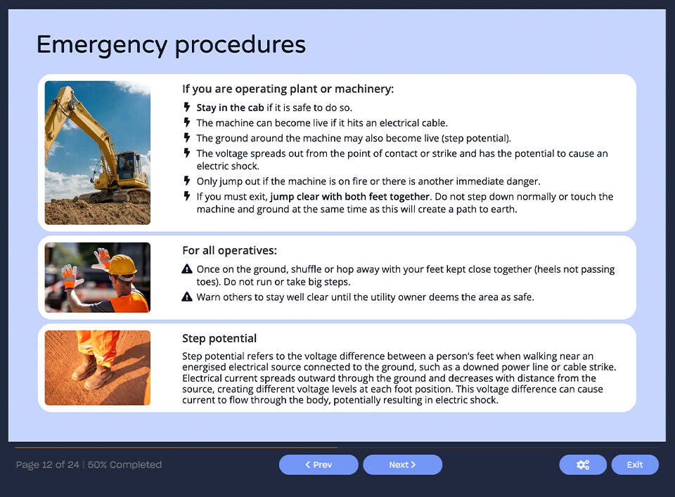 Course screenshot showing emergency procedures