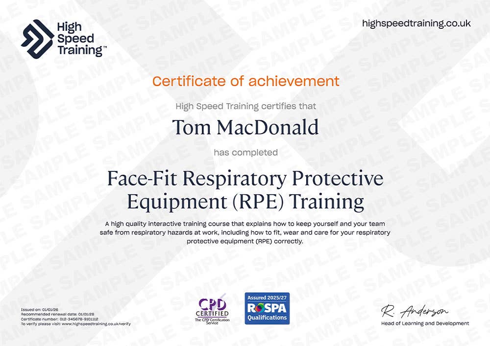 Sample Face-Fit Respiratory Protective Equipment (RPE) Training Certificate
