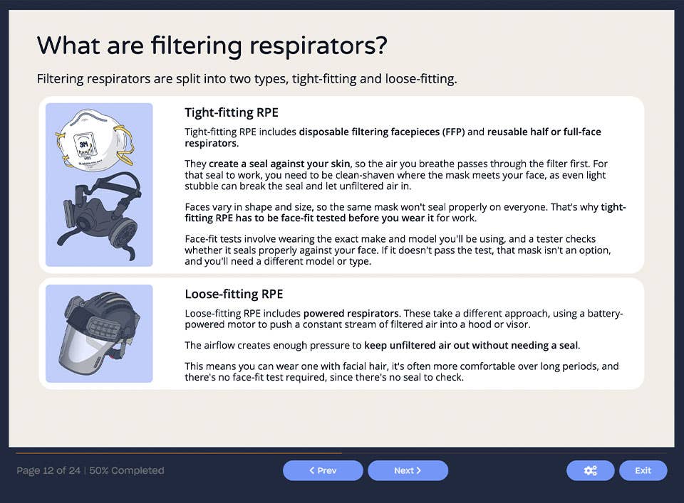 Course screenshot show what filtering respirators are