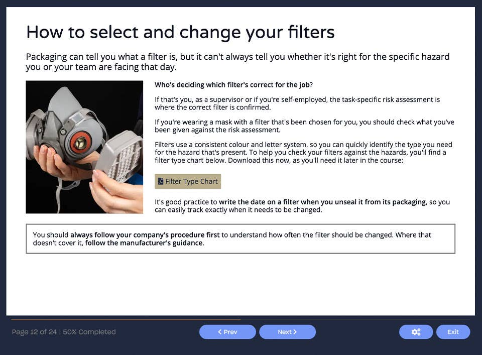 Course screenshot showing how to select and change your filters