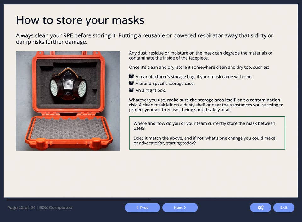 Course screenshot showing how to store your masks