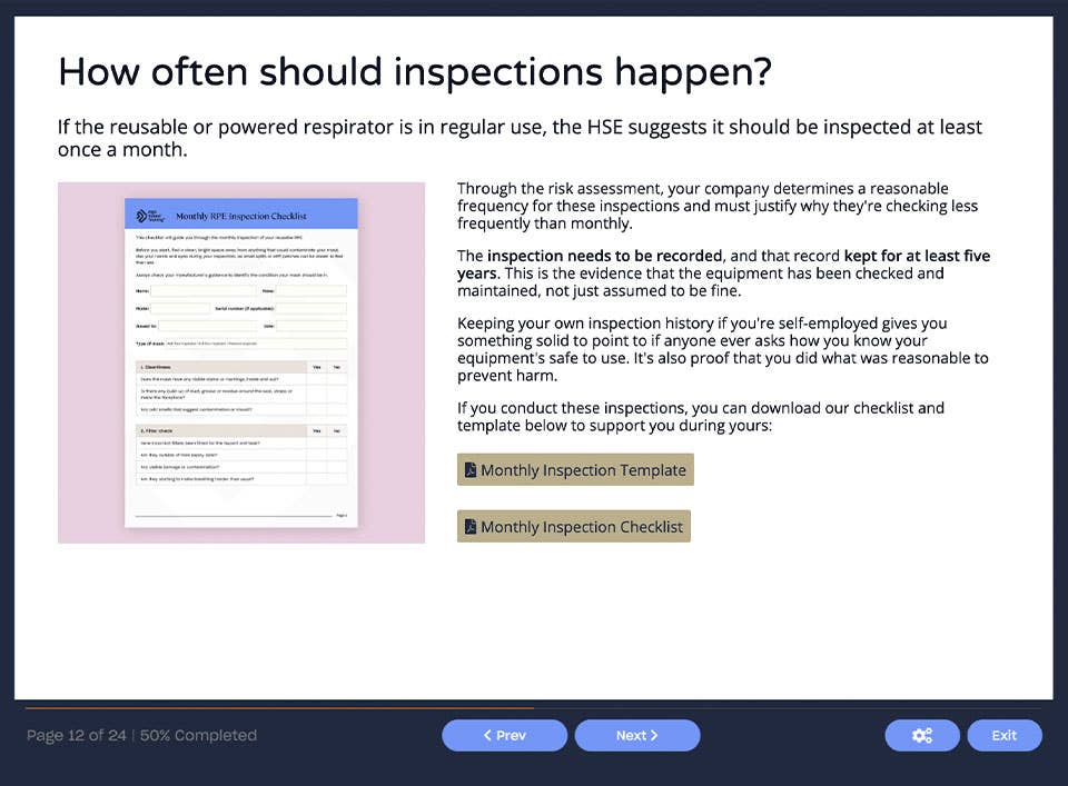 Course screenshot showing how often inspections should happen