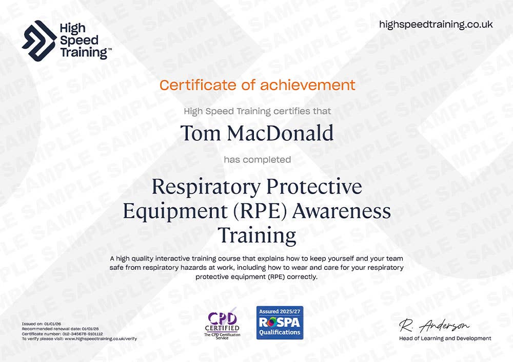Sample Respiratory Protective Equipment (RPE) Awareness Training Certificate