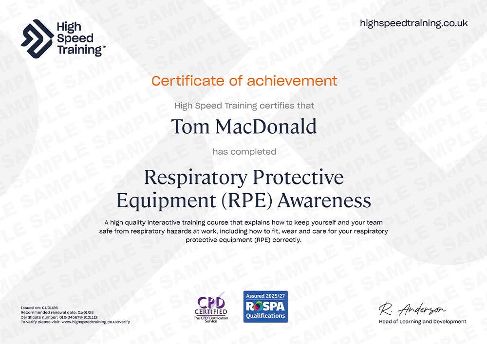 Sample Respiratory Protective Equipment (RPE) Awareness Training Certificate